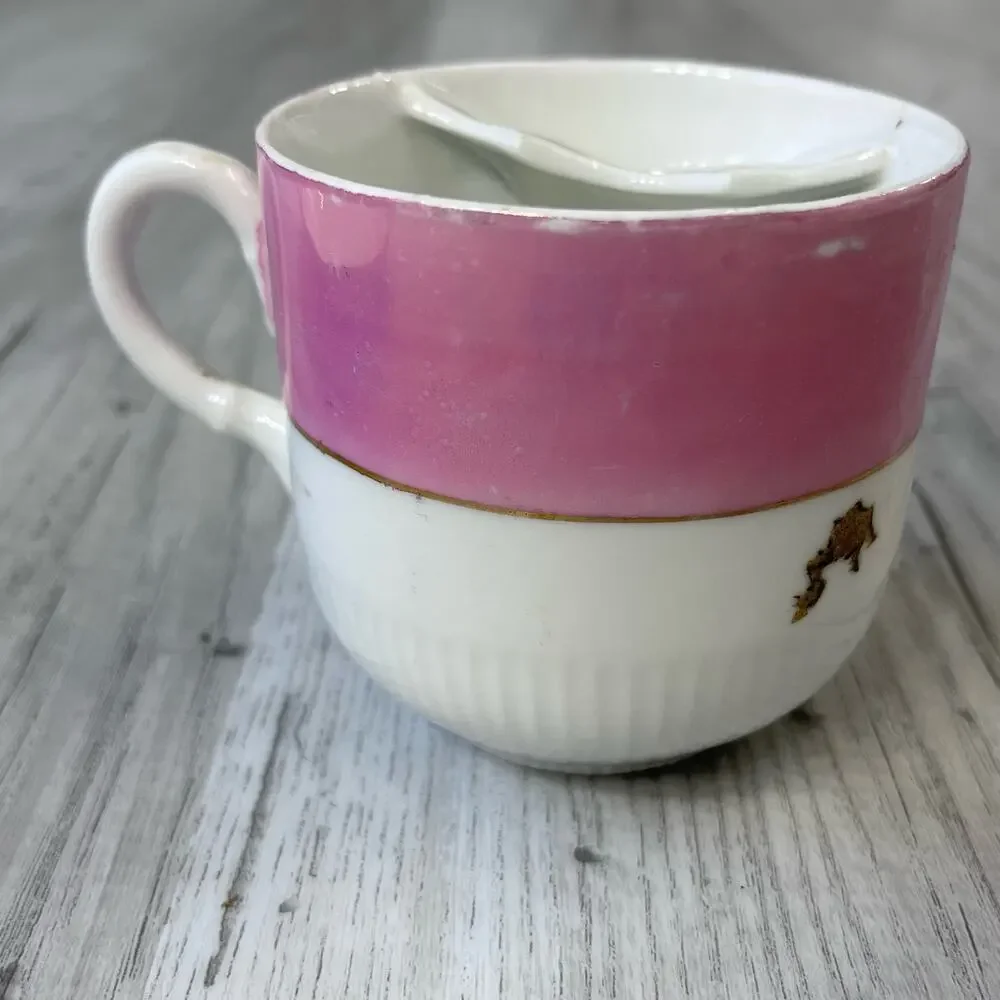 Vintage White Pink Floral Accent Gold Trim Mustache Guard Mug Cup Decor